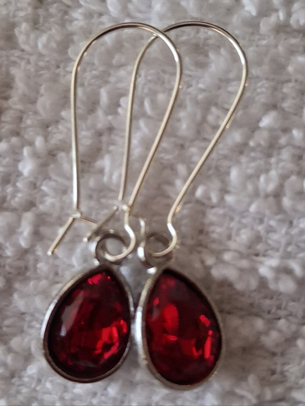 Silver Teardrop Red Crystal Dangle Earrings